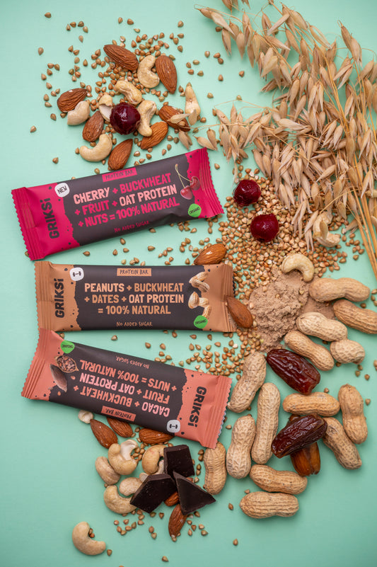 BIO diedzētu griķu PROTEĪNU batoniņi bez pievienota cukura, 3 dažādu garšu MIX kaste - 24 gab