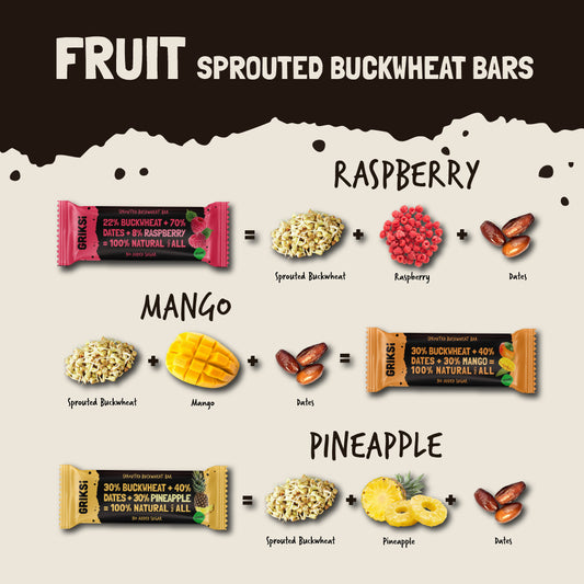 BIO Diedzētu griķu batoniņi bez pievienota cukura, 6 dažādu garšu MIX kaste - 24 gab